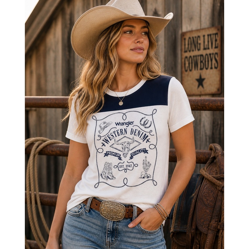 Wrangler Retro Graphic T-Shirt Womens Large White Navy Western Denim Cotton New
